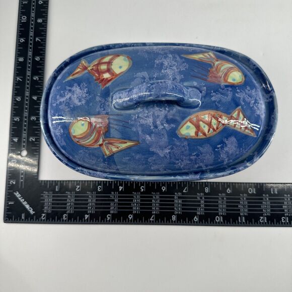 Bowl w/Lid Evandale Porcelain Handpainted Fish Design Blue 9” L x 5.25”W x 5.5”T - Picture 12 of 14